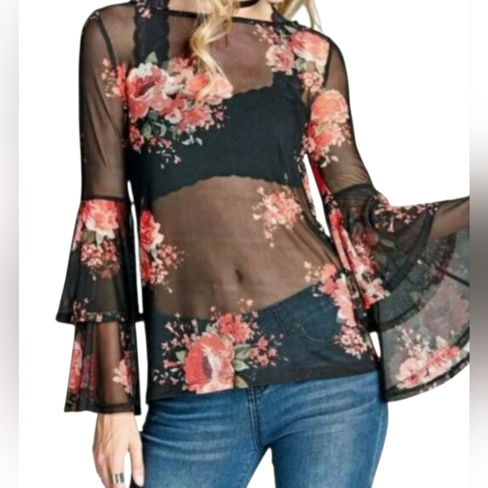 Sheer See Through Blue Floral Top Blouse Long Flare Sleeve